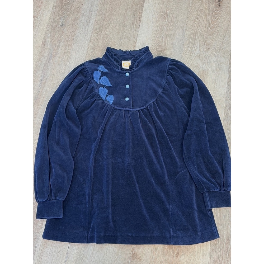 Vintage Eurobella Navy Blue Velour Tunic Top Ruffle Neck Leaf Applique Blouse 42